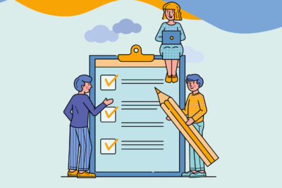 Business people standing at clipboard with checklist flat vector illustration. Filling check boxes with marks by pencil. Online survey, scheduling and voting concept.